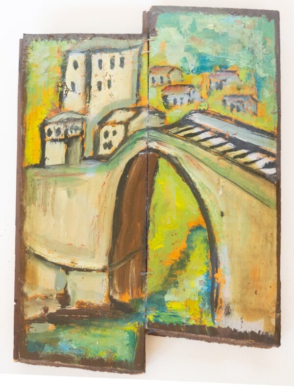 Acuarela sobre tabla "Puente de Mostar": Tipo: acuarela sobre tabla Procedencia: artista urbano, Mostar, Bosnia-Herzegovina. Tamaño: 20x15cm.