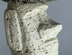 Escultura de moái realizada en piedra volcánica autóctona eldesvandelmunc.com